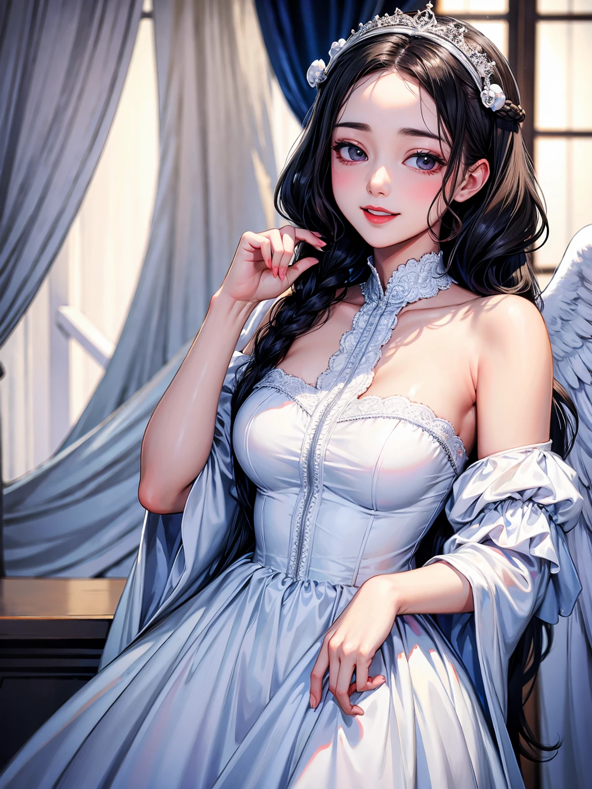 (Name: Isabella de Valois), Pretty, She is a Ghost, White clothes, Long Black Hair, Blood Liptint, White Blind eye , Smile opening mouth, Angelic Face Beautiful