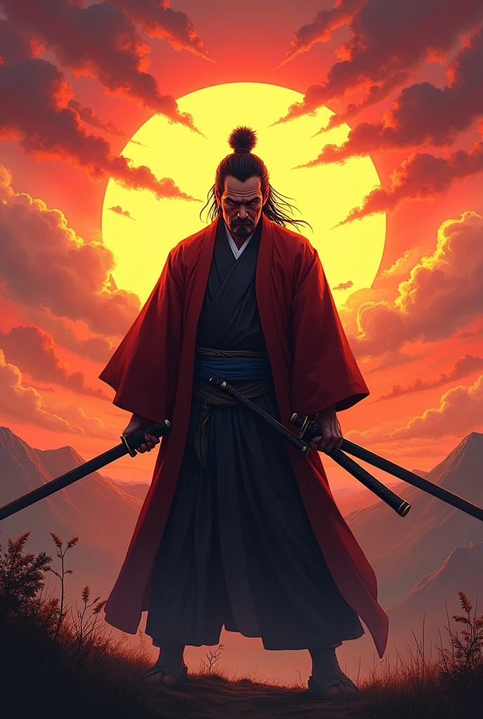 Miyamoto Musashi with his swords drawn ready to fight and a sunset in the background