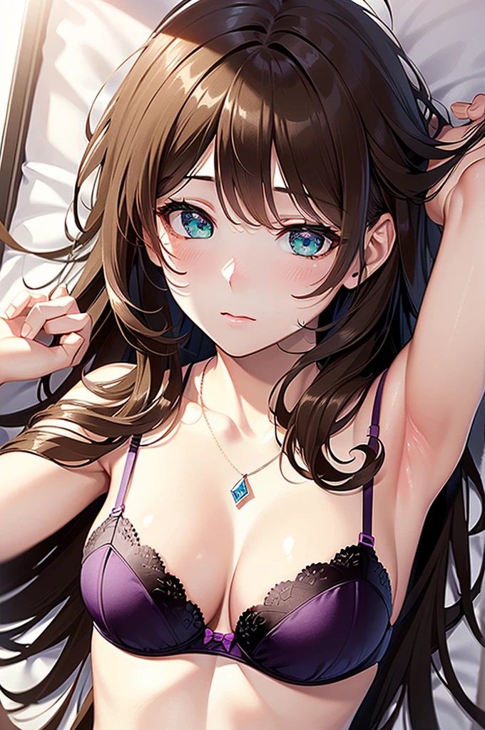 ((nsfw:1.4, masterpiece, best quality, highres, UHD, perfect pixel, depth of field, 4k, RTX, HDR))), 1girl, single, solo, beautiful anime girl, beautiful artstyle, anime character, ((long hair, bangs, brown hair, messy hair:1.6)), ((detailed eyes, anime style eyes, beautiful eyes, sparkling eyes, green eyes, realistic eyes, curly eyelashes)), ((detailed face, blushing:1.2)), ((smooth texture:0.75, realistic texture:0.5, anime CG style)), ((medium breasts, cleavage)), indoor, bedroom, dynamic angle, busty, perfect body, dynamic pose, armpit, hands up, ((fall asleep on the bed, supine, sleepy, open eyes, laying on bed)), ((close up, POV, cute, shot on face, sighing expression, wake up)), ((purple bra color, purple lingerie, single diamond necklace)), (natural light, light reflection, morning)