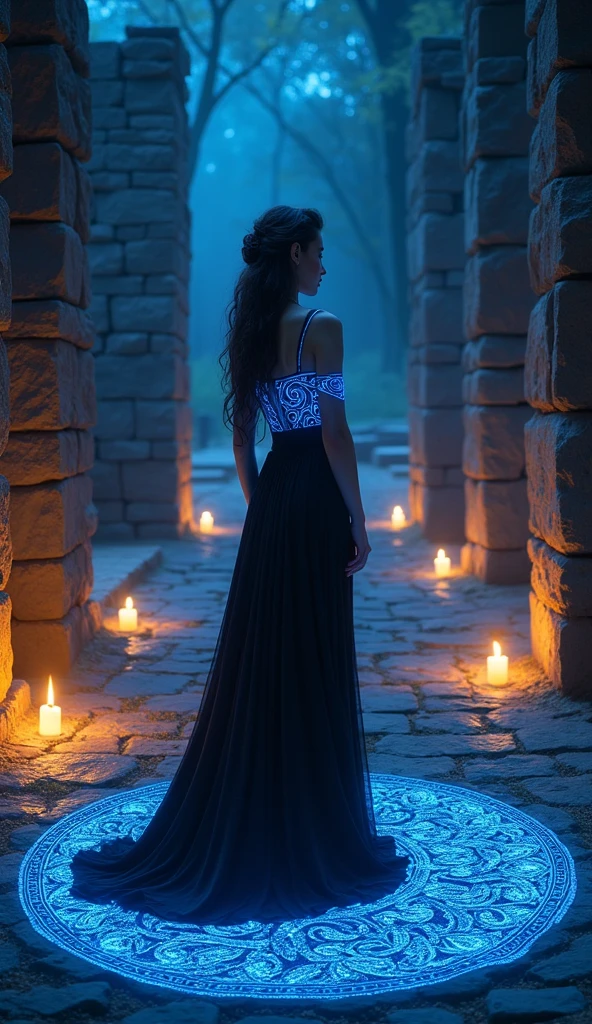 Celtic woman.
Prompt:
Detailed-photo, vivid vibrant colours. Volumetric illumination. a beautiful woman with striking features in an elegant black dress with blue glowing intricate celtic designs stands on the floor of ancient stone ruins at night, she is surrounded by lanterns and candles, her gown flows around a circle patterned rug that glows like fireflies::1 illustration, drawing, cartoonish, haze, tilt-shift::-1 high definition vibrant photograph.::0.8
--v 6.1 --style raw --ar 1:1 --s 750 --c 15 --p 94cczhz