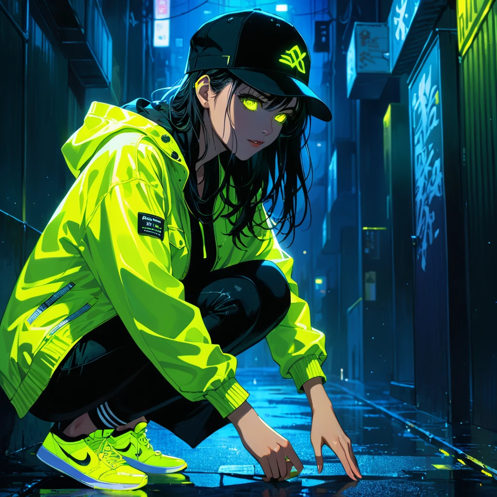 An anime-style illustration of a woman crouching in the dark, looking straight ahead with her face hidden by a cap. She is wearing a street-style jacket and sneakers, both with fluorescent yellow accents that stand out in the dark environment.yelloweyes high resolution, masterpiece, accurate, 最high quality, High detail, high quality, Very detailed, dark,longhair