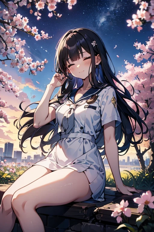 :best quality, 1girl, solo, (nukumizu kaju:1.2), __posture__, long hair, black hair, blunt bangs, bangs, brown eyes, dress, white dress, sailor collar, sailor dress, short sleeves, black sailor collar, yellow neckerchief, neckerchief, middle breasts, breasts, cowboy shot, __looking__, __expression__, __background__. __posture__:standing\nstanding\n(contrapposto:1.1)\n(contrapposto:1.2)\n(sitting:1.1)\n(sitting:1.2)
__looking__:looking_at_viewer\nlooking_at_viewer\nlooking_at_viewer\nlooking_at_viewer\nlooking_back
__expression__:smile/nsmile/nsmile/nsmile, open_mouth/nsmile, closed_eyes/nopen_mouth/nshy/nlaughing/nangry/nevil/nlonely/ncrying
__background__:outdoors, starry sky, night sky, sunset\nnight, night sky, cloudy sky, meteor, planet, cloud, star (sky), (starry sky:1.2)\n(outdoors), day, blue sky, cloud, nature, tree\noutdoors, day, blue sky, cloud, water\noutdoors, day, grass\ncherry blossoms, tree, outdoors, shooting star, petals, cloud\noutdoors, city, cityscape, scenery, building