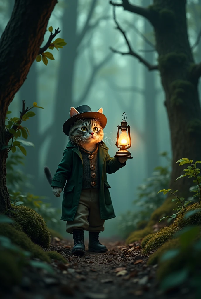 The cat enters a dark forest, still wearing the dark green travel coat and small bowler hat from before, along with non-slip boots. It holds a small oil lamp, its light illuminating the surrounding trees, and the cat’s eyes are filled with the desire to explore.