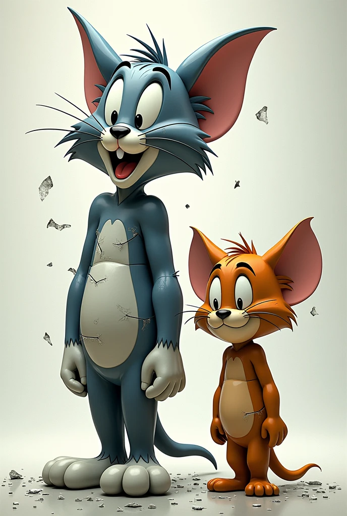 Tom, standing straight pose looking straight, but totally broken in pieces like broken mirror, he's smiling & very happy to his life & Jerry stand next to him, straight pose looking straight, & he's perfectly fine but sad face, extremely detailed in broken tom like a broken mirror, extremely detailed in tom & Jerry's faces