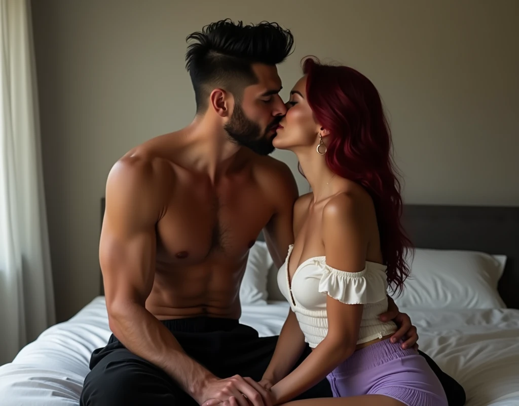 209 cm tall, 29-year-old, attractive man with black short layered swept back wavy crew cut hair, short black facial hair, shirtless, Mediterranean-Native American features, black cargo pants, hip shot, kissing much shorter woman 170cm tall light skin and vibrant maroon hair wearing white off shoulder top and lavender shorts as they sit on a bed, photorealistic, cinematic