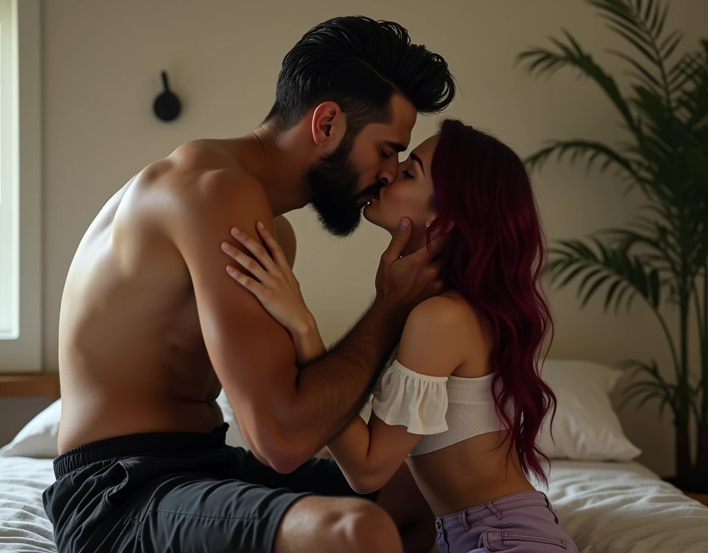 209 cm tall, 29-year-old, attractive man with black short layered swept back wavy crew cut hair, short black facial hair, shirtless, Mediterranean-Native American features, black cargo pants, hip shot, kissing much shorter woman 170cm tall light skin and vibrant maroon hair wearing white off shoulder top and lavender shorts as they sit on a bed, photorealistic, cinematic