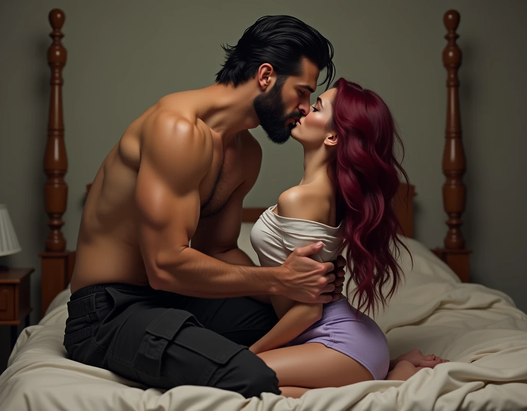 209 cm tall, 29-year-old, attractive man with black short layered swept back wavy crew cut hair, short black facial hair, shirtless, Mediterranean-Native American features, black cargo pants, hip shot, kissing much shorter woman 170cm tall light skin and vibrant maroon hair wearing white off shoulder top and lavender shorts as they sit on a bed, photorealistic, cinematic