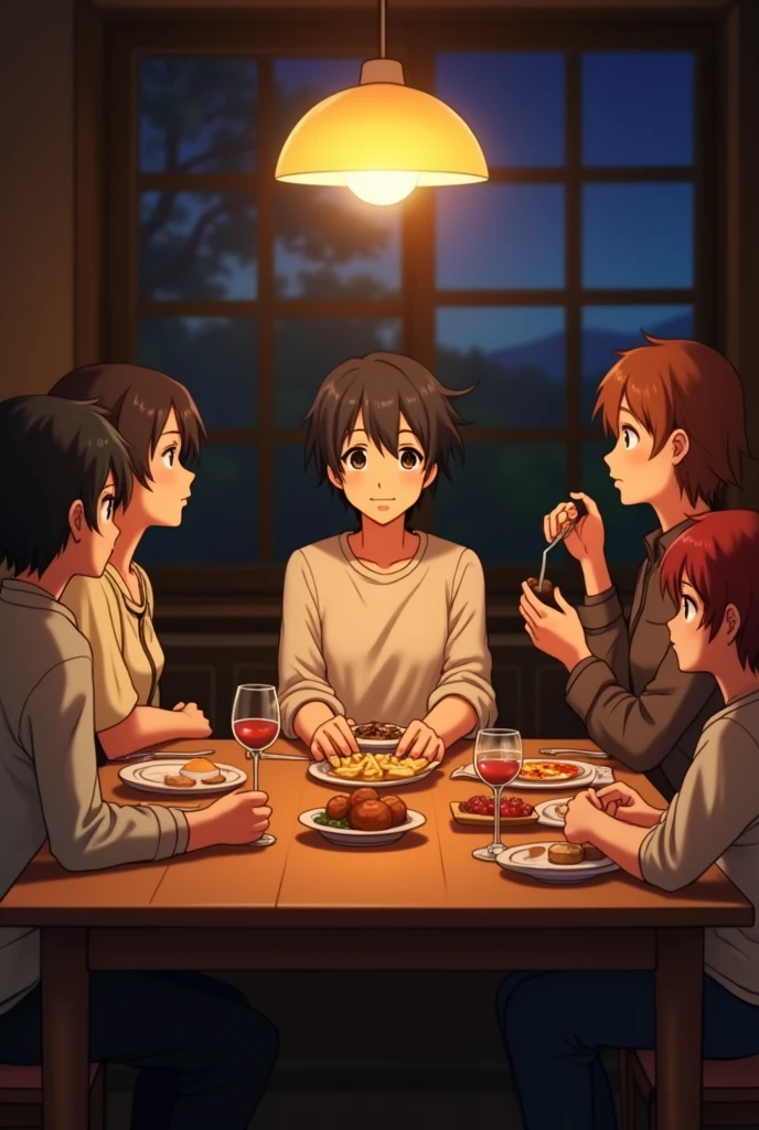 Boy with black hair and eyes, shorth hair, Misumi_makoto, tsuki_ga_michibiku_isekai, sitting at the wooden dining table, with wife, brother and friends, incandescent lamp light