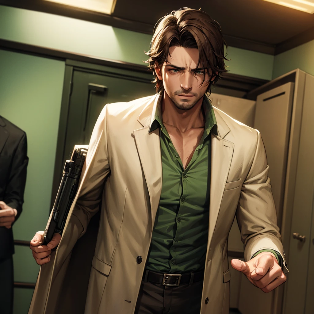 A man detective with disheveled appearance, brown hair and green eyes, vintage detective style, crime scene, cinematic lighting, high quality, photorealistic
