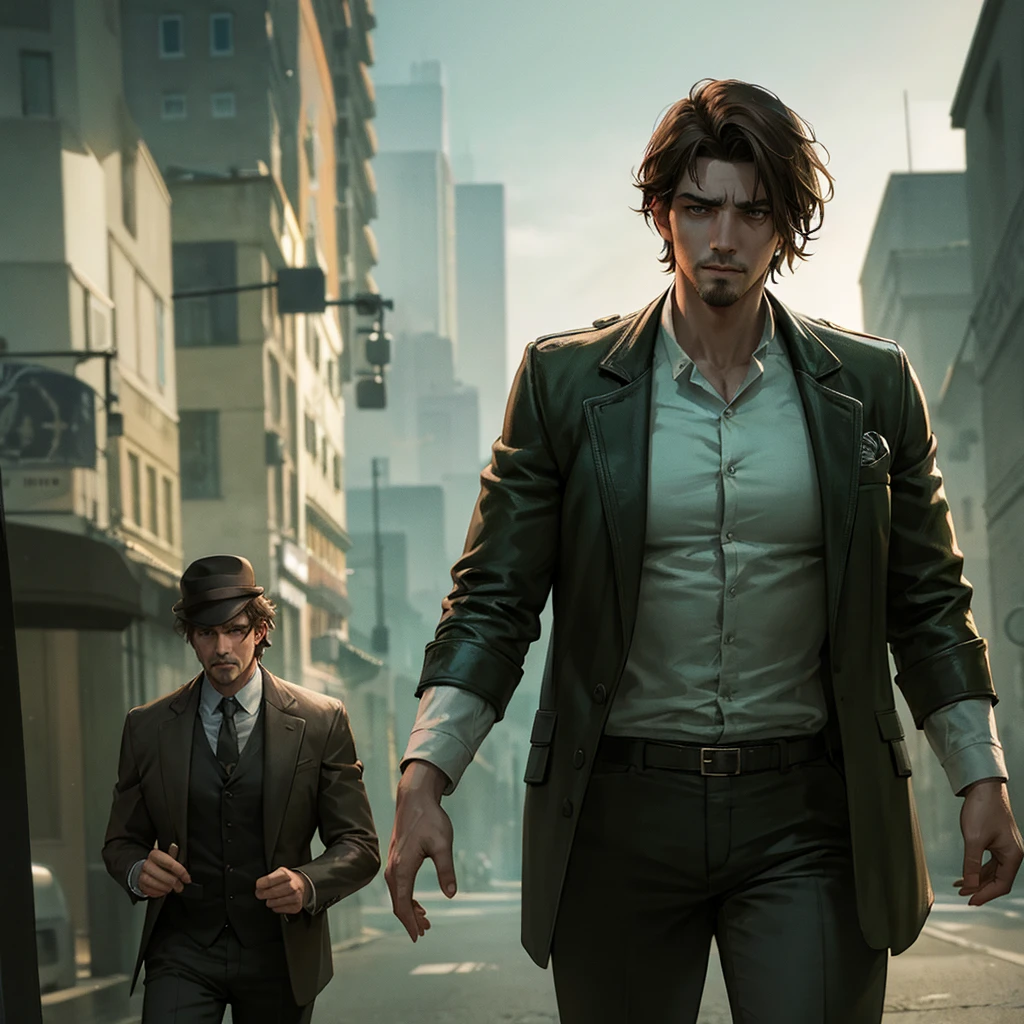 A male detective in a brown coat, and a male police officer in a blue shirt, standing in a forest, looking at dead bodies.