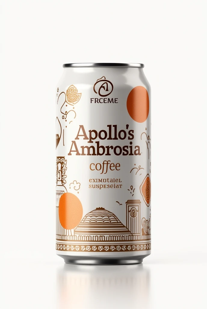 make me a design for a canned coffee packaging with a size of 21x6.7cm with a Roman concept with the brand name Apollo's Ambrosia with a cheerful design, with the dominant color white
