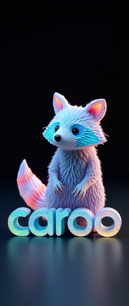 A mesmerizing 3D render of a realistic, fluffy raccoon made from intricately folded transparent glass origami. The raccoon is extra cute, with bright colors and multicolored edges, sitting on the word "caroo." The background is a dark, almost black void, amplifying the magical and delicate nature of the origami raccoon. The piece is a unique blend of scientific, technological, and conceptual art, creating a surreal and captivating visual experience., 3d render, photo, conceptual art