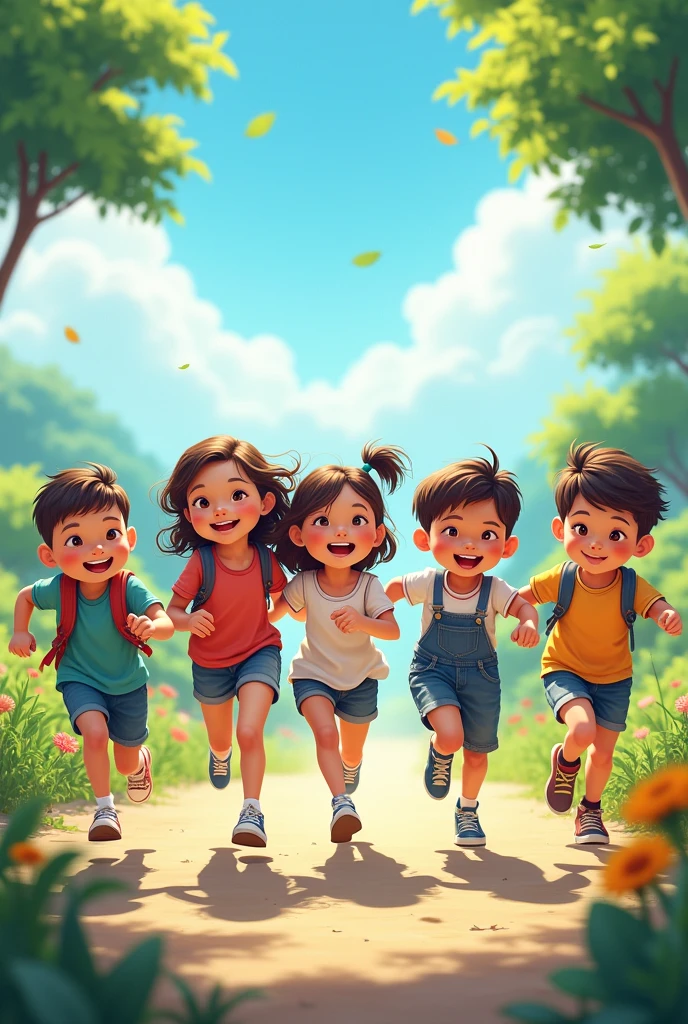 five , boys and girls, were having fun, playing together, running around in the morning with a beautiful view.