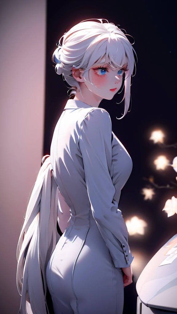 1 Girl, medium light white hair, light blue eyes, wearing Black Suit 4D , night club TOWN , high res, ultrasharp, 8K, masterpiece, looking from behind