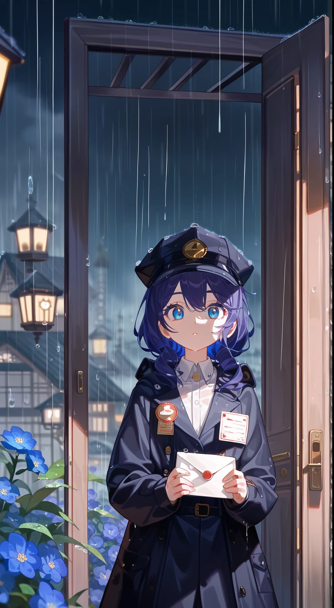 Western European Architecture 1 Girls，White bundled hair，Blue Eyes，Black hat，Black coat，rain，Wide eyes，Sitting on the steps，eaves，Background door，Mail，Mail上的睡觉黑猫，Blue flower in hand，Movie lighting，Highest quality