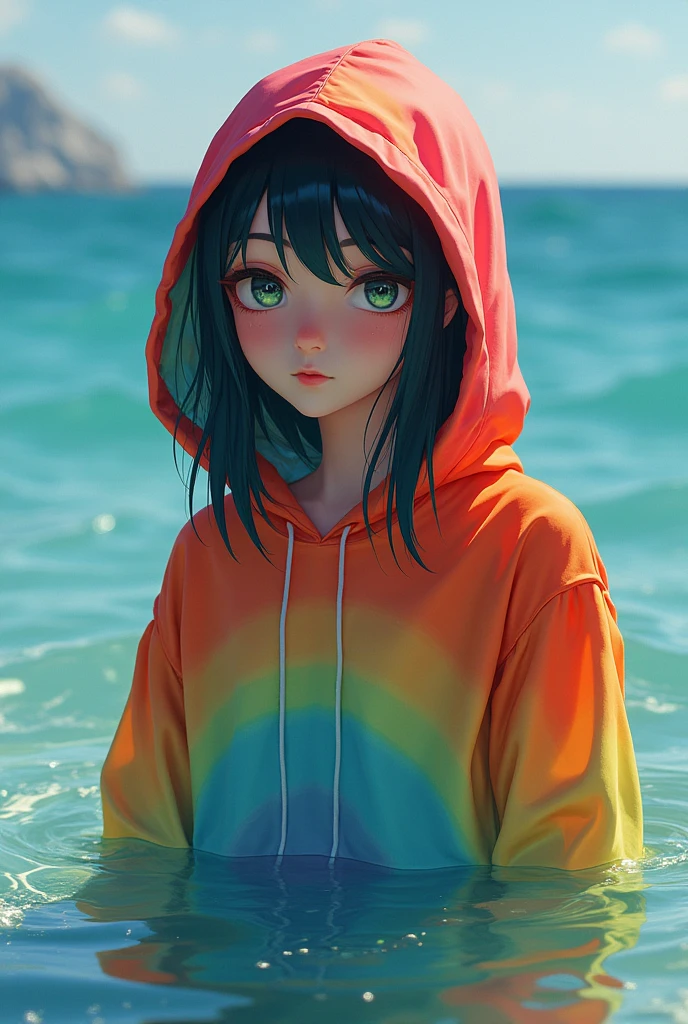 Rainbow colors、Rainbow colorsの服、hoodie、Rainbow colorsの髪、Green Eyes、Ocean、long