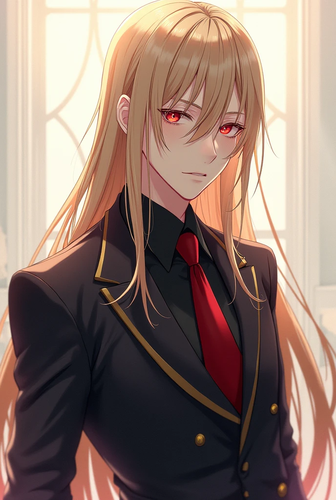 The guy has long, light blond hair.,red eyes, White skin ,185cm tall is handsome anime