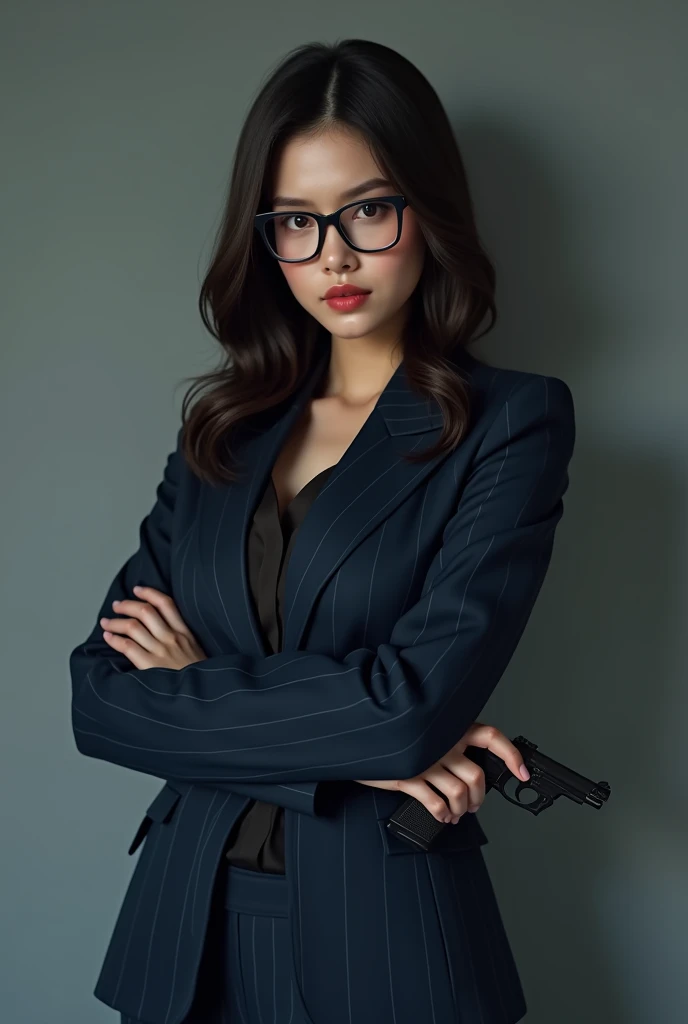 PSYCHO-PASS,there is a woman in a suit and glasses posing with a gun, a portrait by Jason Chan, trending on Artstation, shin hanga, wearing a strict business suit, in strict suit, elegant posed, in a business suit, wearing tight suit, in a strict suit, lawyer suit, in suit with black glasses, wearing business suit, with glasses