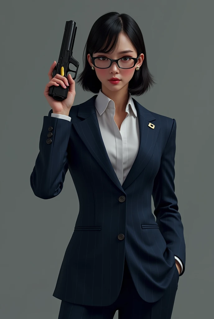 PSYCHO-PASS,there is a woman in a suit and glasses posing with a gun, a portrait by Jason Chan, trending on Artstation, shin hanga, wearing a strict business suit, in strict suit, elegant posed, in a business suit, wearing tight suit, in a strict suit, lawyer suit, in suit with black glasses, wearing business suit, with glasses