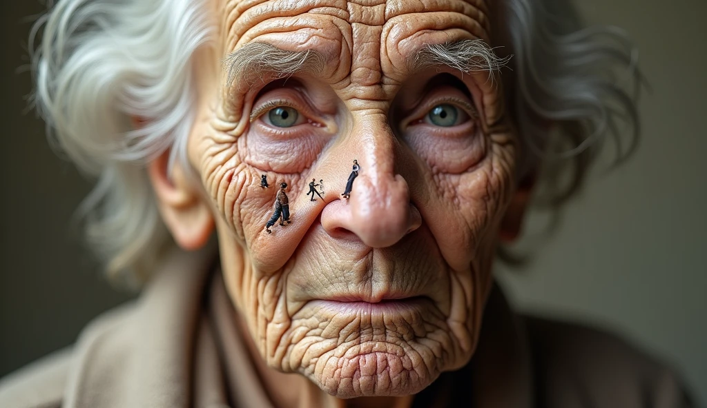(Abstract portrait:1.3) of an elderly person, skin textured like a cracked desert landscape, (hyper-realistic wrinkle details:1.5), with miniature people traversing the wrinkles, extreme close-up on face, neutral studio background, dramatic side lighting, shot straight-on, using a Phase One XF IQ4 150MP, (tilt-shift effect:1.2), in style of (Erwin Olaf:1.4)
