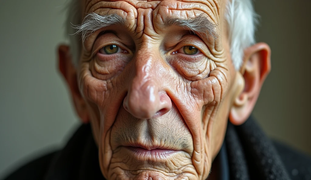 (Abstract portrait:1.3) of an elderly person, skin textured like a cracked desert landscape, (hyper-realistic wrinkle details:1.5), with miniature people traversing the wrinkles, extreme close-up on face, neutral studio background, dramatic side lighting, shot straight-on, using a Phase One XF IQ4 150MP, (tilt-shift effect:1.2), in style of (Erwin Olaf:1.4)