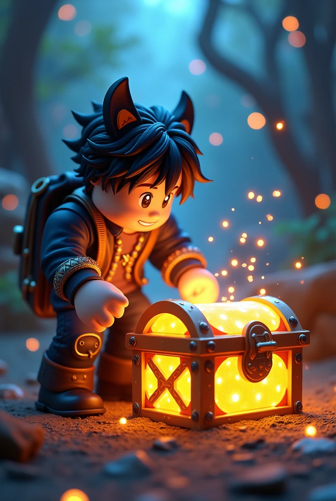 Roblox avatar opening a glowing chest, front point of view