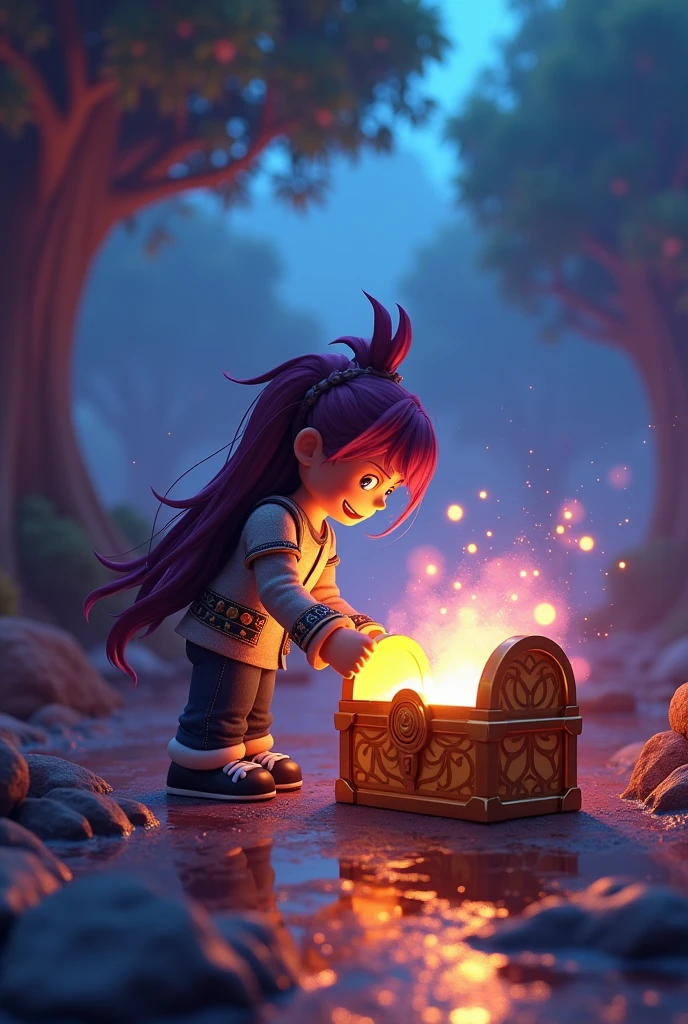 Roblox avatar opening a glowing chest, front point of view