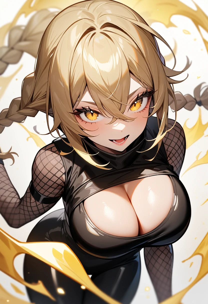 1girl,solo,super detailed skin,shiny skin,expressionless face,smile ,yellow medium hair,hairs between eyes,high-tied twin braids,eyelashes,lips gloss ,open mouth,large soft breasts,fullbodysuit,fishnet arms,cleavage cutout,ninja clothes ,cleavage cutout,yellow magic,simple background,masterpiece,best quality,ultra detailed,high resolution,sharp focus