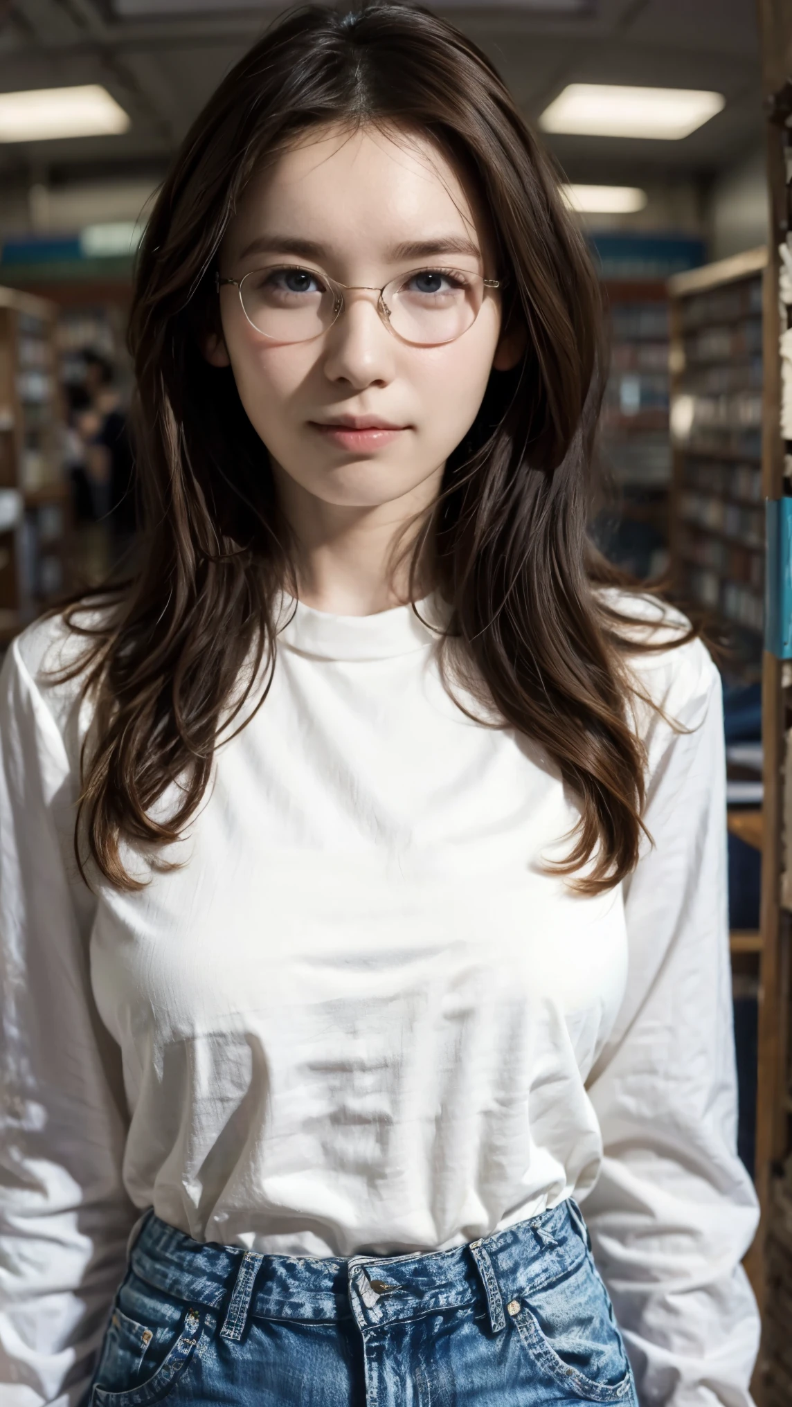 One person, library, Layered Long Hair, (Fisheye Lens), Floating Book, White Crop Shirt, jeans, Cleavage, Light, (Wide-angle), Glasses