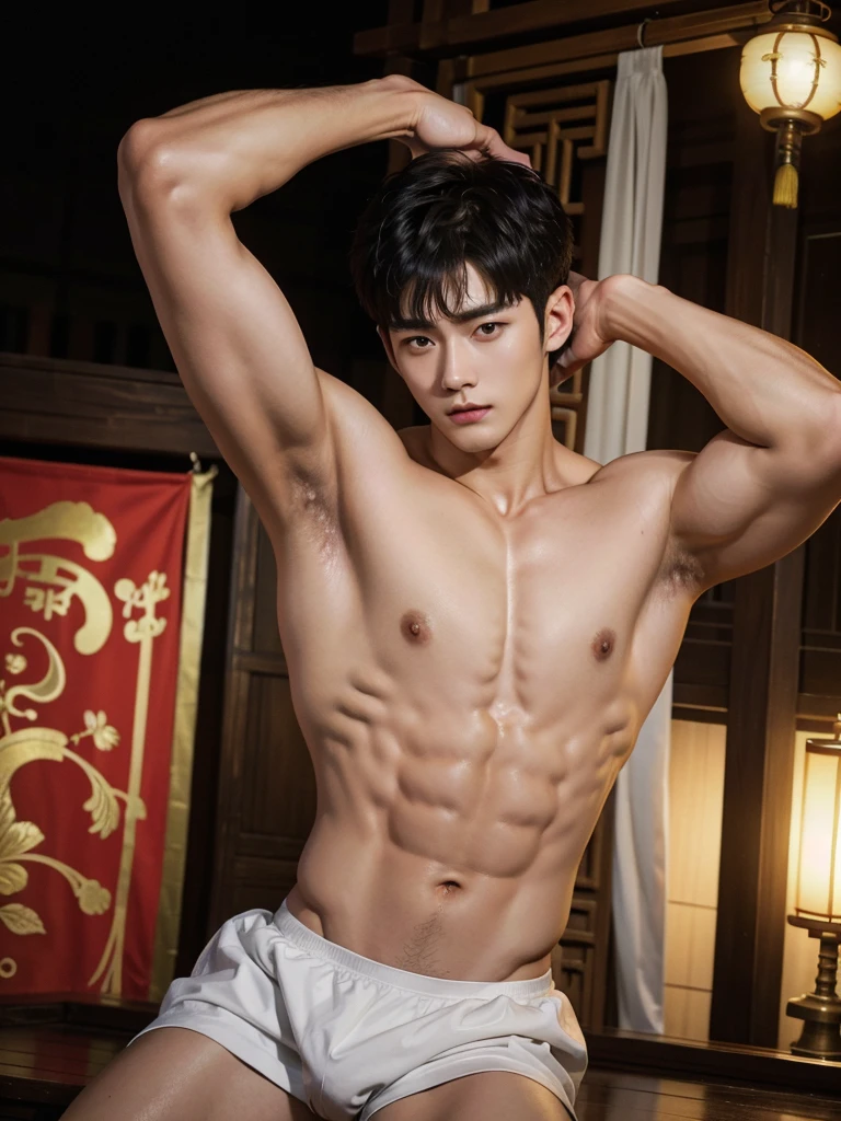 Chinese Men God, Mythology, Chinese odyssy, Handsome young baby face, Topless, Muscles Athlete body, Full Frame, Sexy, Professional Lighting, Hanfu Outfit, Chinese Heaven Background, smooth skin color Underwear, Hanfu Warrior, Hanfu God, Hanfu Male, Hanfu Nobel, Seduce, Sex Appeals, mess curly hair, Alafard man shirtless , muscular body,super handsome, manly, detailed face, manly chin, manly jawline, inspirite by Zhang Han, Cai Xukun, Kim Do-young, Inspired by Bian Shoumin, Inspired by Xiao Yuncong, yihao ren, yanjun cheng, jinyiwei, inspired by Huang Gongwang, xintong chen, Jacket, wearing super tiny skiny brief, lifted arms, shaved armpits, wet cloth, nice juicy butts, bare butts, open legs, Tattoo chest, tattoo hands, tattoo arms, tattoo belly, clear studio light, night ancient chinese Buddhism temple background, detailed background, Chinese themed, the best resolution, 8k, Ultra fullHD, look at the viewer, catching eyes,