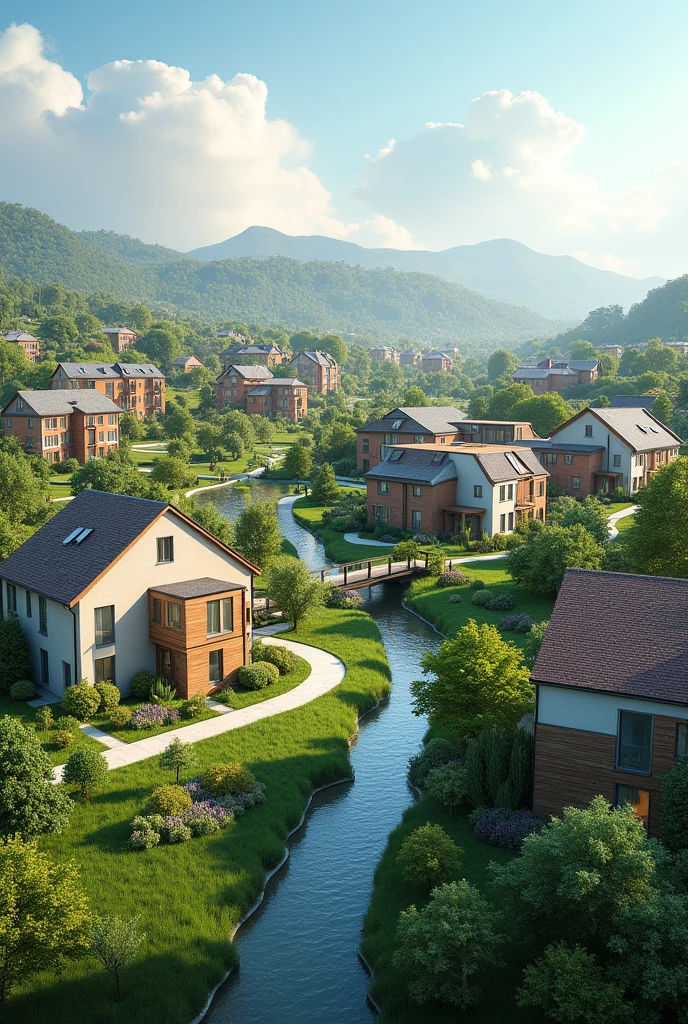 A render of the future development with houses,departments,Non-futuristic buildings and green areas with panoramic view in horizontal format .