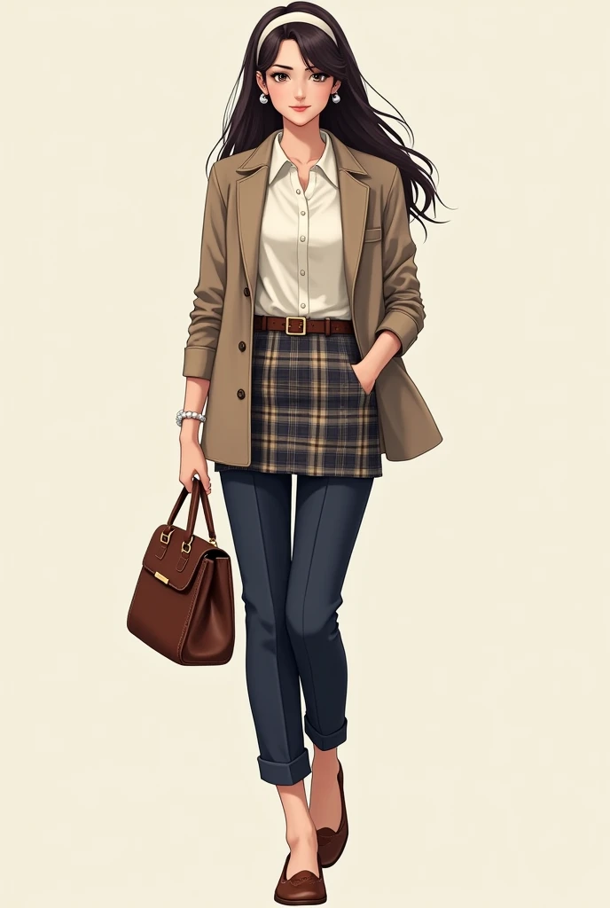 . Classic and Preppy
   Top: Collared shirt or a fitted sweater.
   Bottom: Plaid skirt or tailored pants.
   Shoes: Loafers or ballet flats.
   Accessories: A headband, pearl earrings, and a structured handbag.