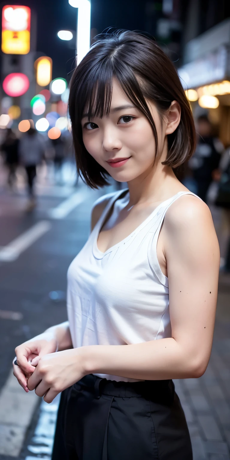 1girl, Tokyo street,night, cityscape,city lights,upper body,close-up,smile,, (8K, RAW photo, best quality, masterpiece:1.2),(realistic, photo-realistic:1.37), Cleanliness, soft atmosphere, friendly