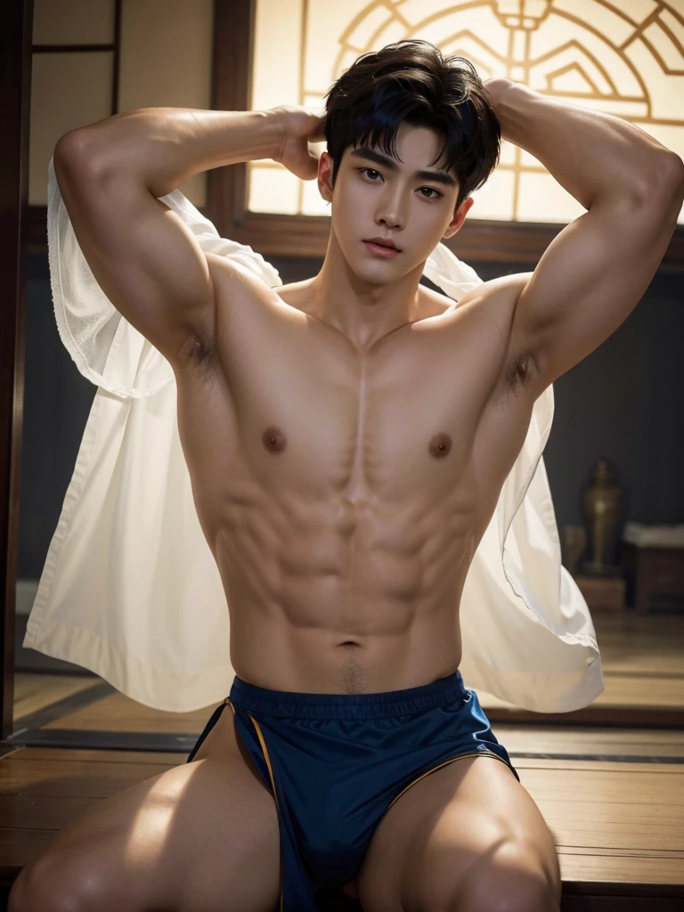 Chinese Men God, Mythology, Chinese odyssy, Handsome , Topless, Muscles Athlete body, Full Frame, Sexy, Professional Lighting, Hanfu Outfit, Chinese Heaven Background,  smooth skin color Underwear, Hanfu Warrior, Hanfu God, Hanfu Male, Hanfu Nobel, Seduce, Sex Appeals,  mess curly hair, Alafard man shirtless   , muscular body,super handsome,  manly, detailed face,  manly chin, manly jawline, inspirite by Zhang Han, Cai Xukun, Kim Do-young, Inspired by Bian Shoumin, Inspired by Xiao Yuncong, yihao ren, yanjun cheng, jinyiwei, inspired by Huang Gongwang, xintong chen, Jacket, wearing super tiny skiny brief, lifted arms, shaved armpits, wet cloth, nice juicy butts, bare butts, open legs, Tattoo chest,  tattoo hands,  tattoo arms,  tattoo belly, clear studio light, night ancient chinese Buddhism temple background,  detailed background, Chinese themed, the best resolution, 8k, Ultra fullHD, look at the viewer,  catching eyes,
