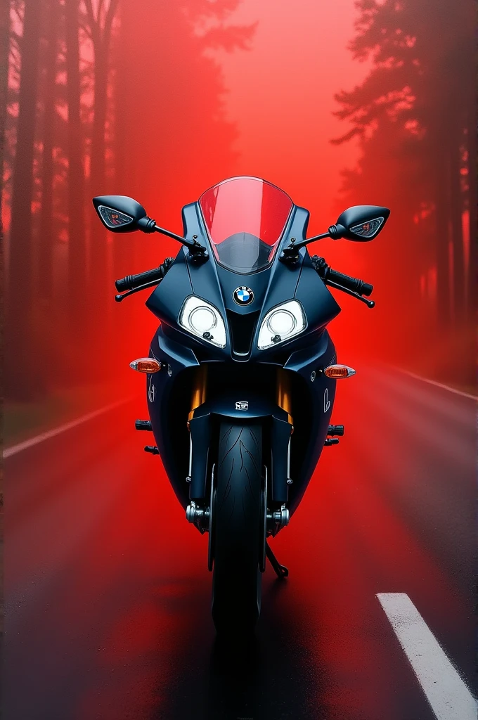 s1000rr painting black and realistic on a round 10x10 canvas with layers of red fog in background and bmw logo and rainy road