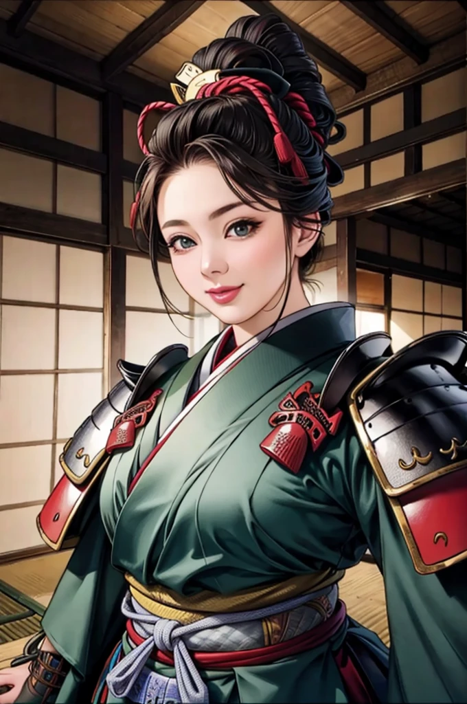 (Browsing Caution), (RAW Photos), (Realistic), (Photorealistic), Ultra-high resolution, masterpiece, Highest quality, Portraiture, facial Portraiture, Perfect lighting, Detailed lighting, Dramatic Shadows, Ray Tracing, Pure Eros Face_v1, Urzan-6500-v1.1, ((gentle smile)), ((upper body:1.2)), ((random standing pose)), looking at viewer, ((wearing a samurai armor)), ((in old Japanese castle)), ((background with samurai:1.2)),