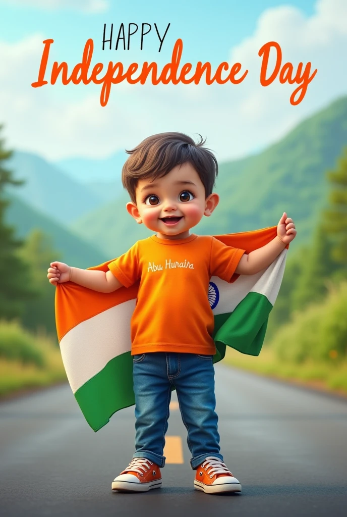 A real 6 months old boy, Wearing Orange T shirt blue jeans sneakers and the name “Abu Huraira” is written on his t-shirt and the boy is standing on the road with holding a national flag of India, and behind him is the india. And written on sky “Independence Day” Create Realistic image high quality