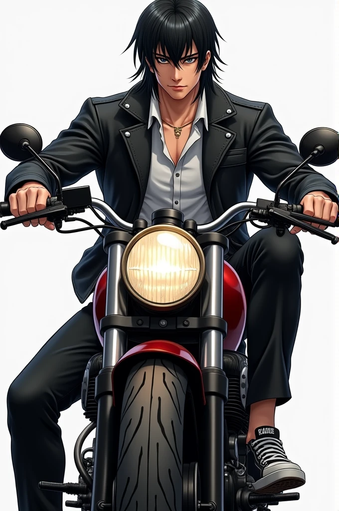 Imagine a handsome man without any beard,unsmooth skin,with straight, thick black hair on the sides of the head and hair at the nape of the neck, wearing a black leather jacket, white blouse, Black pants and sneakers, with very black eyes, mounted on a motorcycle,medium white skin with a darker tone.