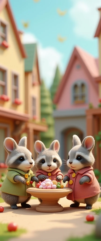 A delightful conceptual art photo showcasing the Calico Critters series in a 3D render. The adorable little RACOONS are dressed in charming outfits, gathered around a beautifully designed playset. The background features a quaint, pastel-colored village, with a mix of vintage and modern architectural elements. The overall atmosphere is warm, inviting, and nostalgic, evoking a sense of childhood magic and imagination., 3d render, product, photo, conceptual art