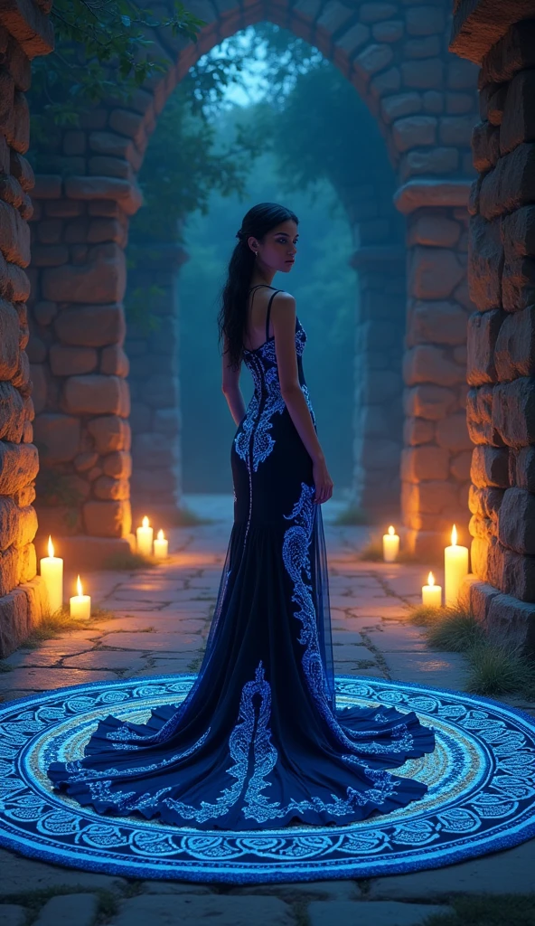 Detailed-photo, vivid vibrant colours. Volumetric illumination. a beautiful woman with striking features in an elegant black dress with blue glowing intricate celtic designs stands on the floor of ancient stone ruins at night, she is surrounded by lanterns and candles, her gown flows around a circle patterned rug that glows like fireflies::1 illustration, drawing, cartoonish, haze, tilt-shift::-1 high definition vibrant photograph.::0.8
--v 6.1 --style raw --ar 1:1 --s 750 --c 15 --p 94cczhz