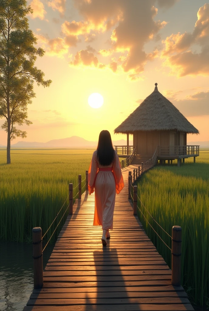 (photorealism:1.2), This image shows a peaceful rural setting, perhaps at sunrise or sunset. The warm light of the sun gently illuminates the landscape. A dark-haired, traditionally dressed Asian woman is walking across a narrow wooden bridge made of planks placed on parallel beams, stretching in front of her and leading to a traditional hut with a thatched roof on the right. The hut is slightly raised above the ground, perhaps on stilts. To the left of the bridge is a tall tree standing near what appears to be a body of water reflecting the colors of the sky. The background shows vast rice fields stretching to the horizon under a wide sky with scattered clouds.