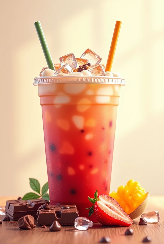 In a big cup with lid, 32 oz size, drinks poster with variety flavours to sell, there are Chocolate, strawberry, vanilla, coffee latte, mocha, honeydew, yam, mango, corn with full of ice, realistic, 8k, hd