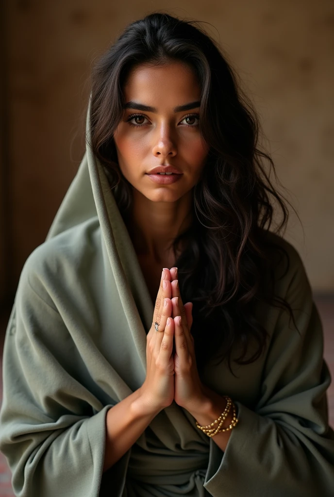 A beautiful Moroccan girl, brown dark eyes, 26 years old, olhos amendoados, oval face shape, Wavy hair, 170cm, 65kg, high-detailed face, Detailed texture skin, poses Kneeling in prayer, religious garment natural lighting, dramatic shadows, Warm Color Palette, portraite, realisitic, photorealisitic, 8k, work of art
