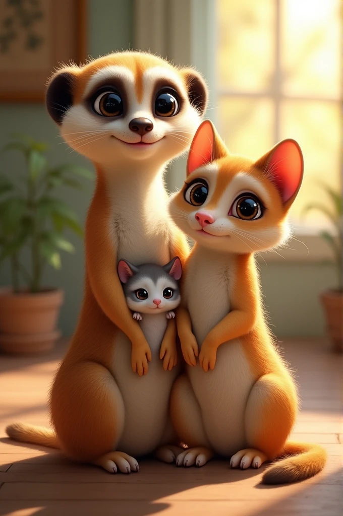 Group photo of meerkat, sugar glider and cat