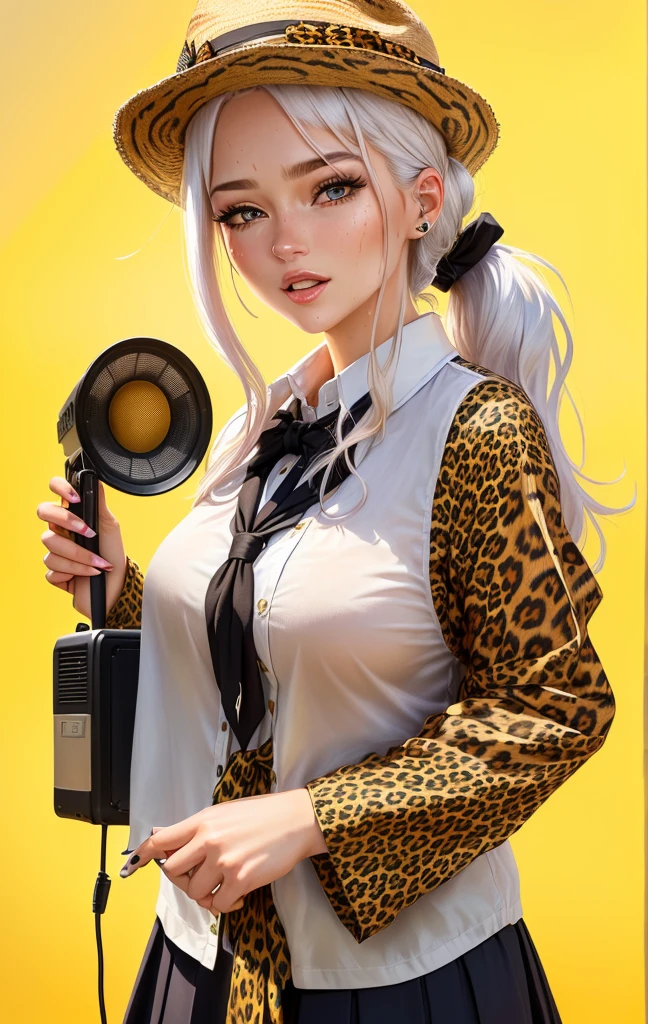 Close-up of a 40-year-old woman wearing a leopard print shirt and hat, Please create an illustration of a beautiful girl holding a loudspeaker and screaming cutely. Sweat. Very hot . Summer .Her hair color is white. Her eye color is blue. Her hair style is ponytail . She is wearing a school uniform. She's on the cliff . She has one foot in front of the other.