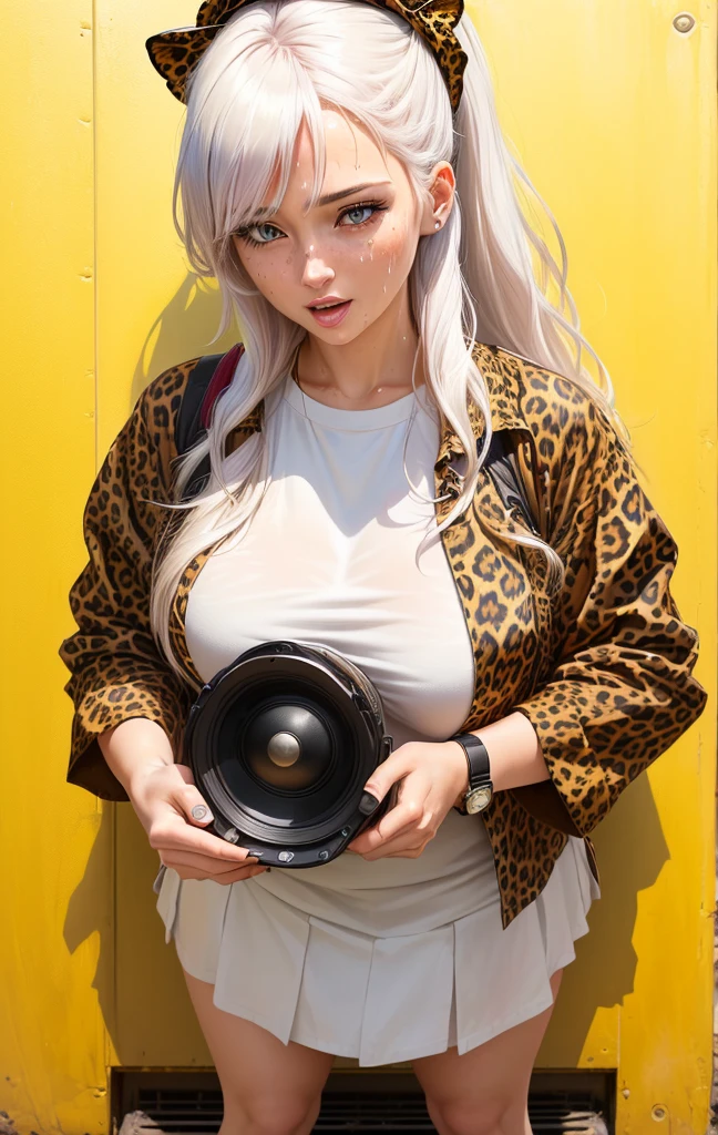 Close-up of a 40-year-old woman wearing a leopard print shirt and hat, Please create an illustration of a beautiful girl holding a loudspeaker and screaming cutely. Sweat. Very hot . Summer .Her hair color is white. Her eye color is blue. Her hair style is ponytail . She is wearing a school uniform. She's on the cliff . She has one foot in front of the other.