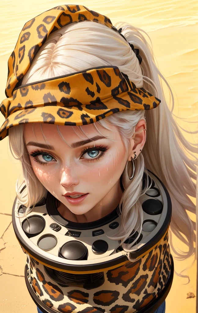 Close-up of a 40-year-old woman wearing a leopard print shirt and hat, Please create an illustration of a beautiful girl holding a loudspeaker and screaming cutely. Sweat. Very hot . Summer .Her hair color is white. Her eye color is blue. Her hair style is ponytail . She is wearing a school uniform. She's on the cliff . She has one foot in front of the other.