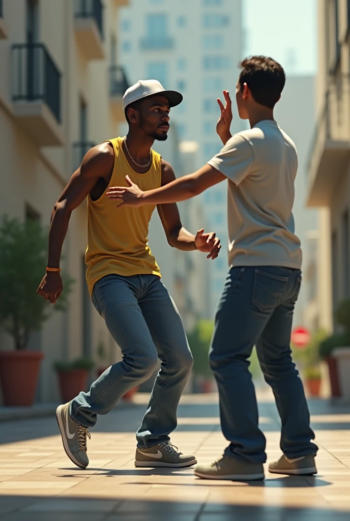 Skinny black man in cap , sweet do GTA, physio in hand pointing up