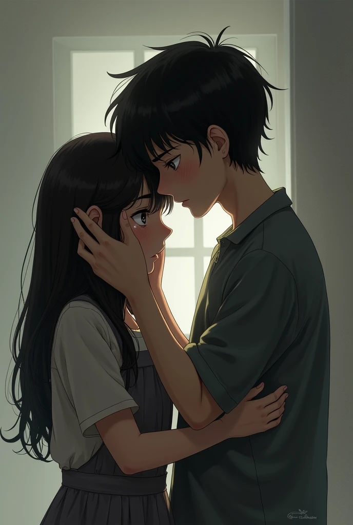 A 16 year old girl crying and 16 year
boy constantly her by huge