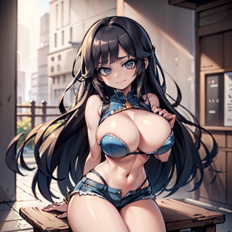 Anime Kawaii sexy Perfect Slim sensual body large breast and huge thighs, An intricate and highly detailed illustration of anime (Young girl) (work of art, best qualityer, ultra detali, high resolution, 4K),(beautiful detailed eyes),(very highly detailed face),(1 girl),HDR,long hair, shorts, phone, eyes browns, chestnut hair, cellphone, bracelet, regatta, jewerly, to attend, lips, focus only, glaze, blurry background, ssmile, wristto attend, realisitic, blurry, gazing at viewer